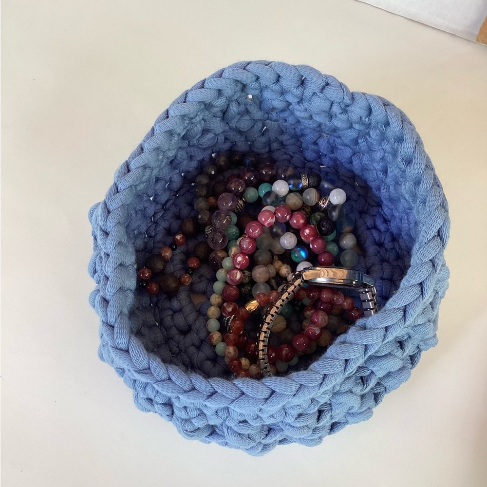 Bowl Lidded Hand Crafted Container Crochet Cotton Denim Blue Boho - Picture 12 of 16